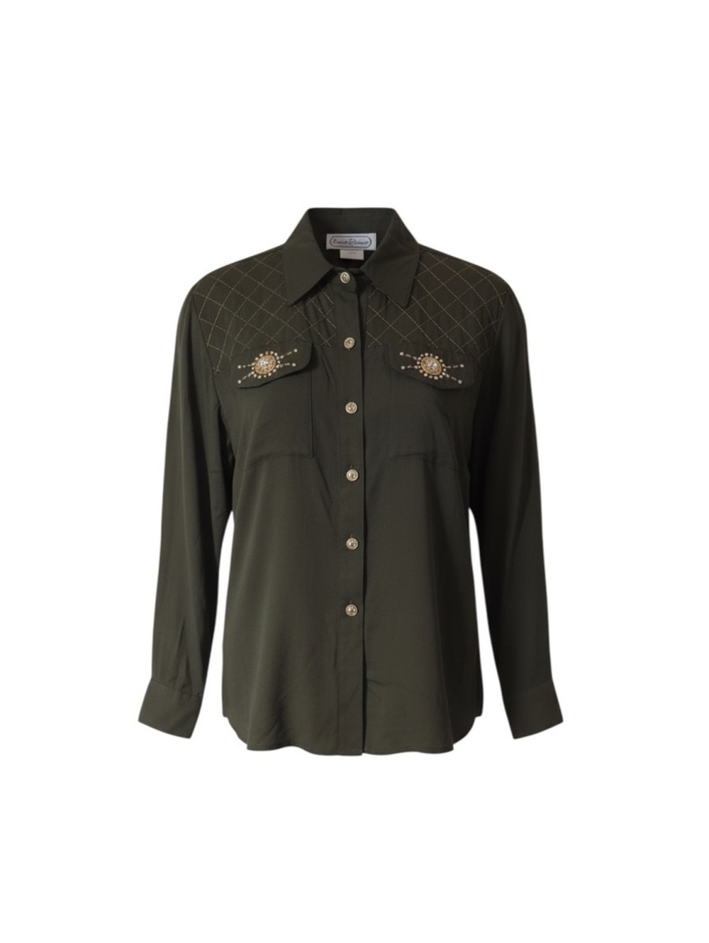 Saint Germain Vintage Olive Western Rhinestone Embellished Button-Front Shirt